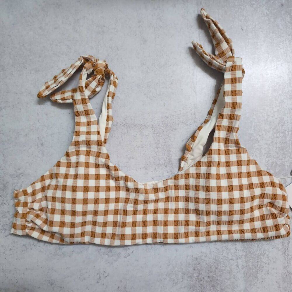 NWT Andie Sparrow Gingham Mandalay Bikini Top Tie Straps Swimwear Size Large